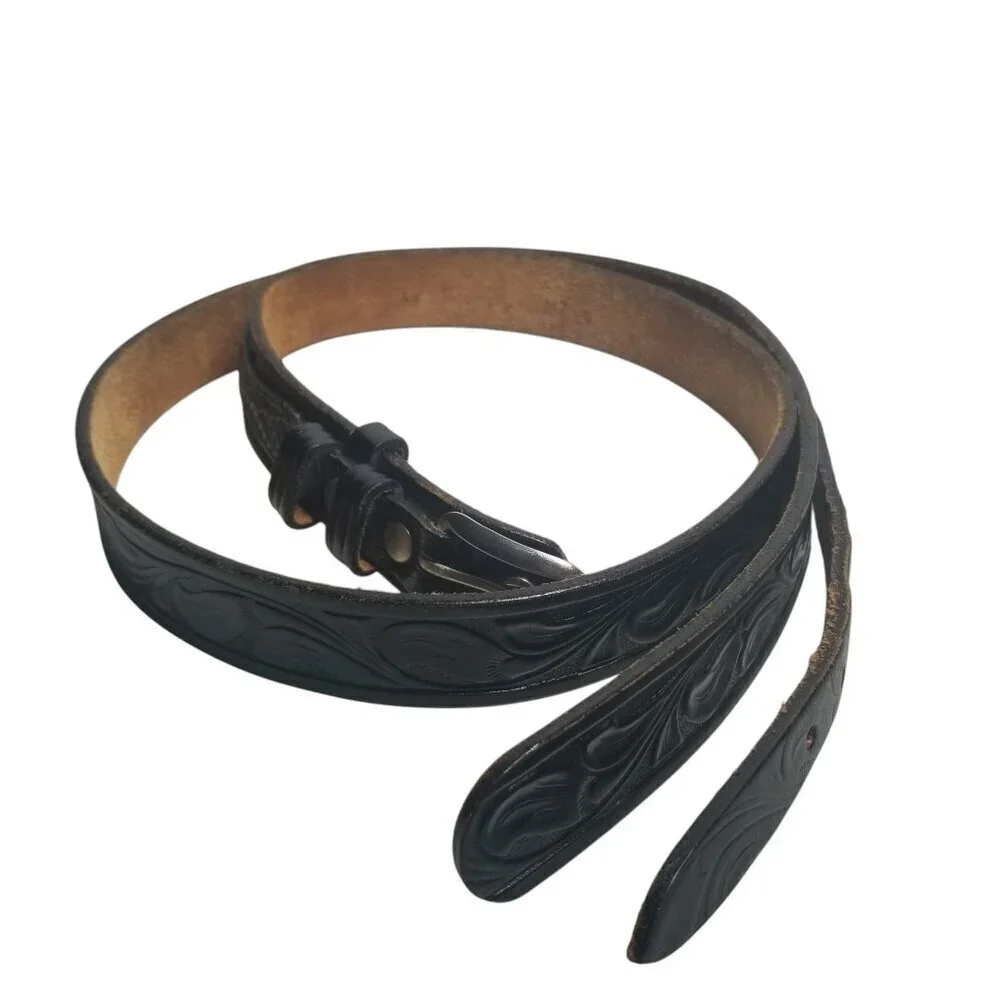 Vtg Looper Tooled Men's Black Leather Western Belt Sz 46